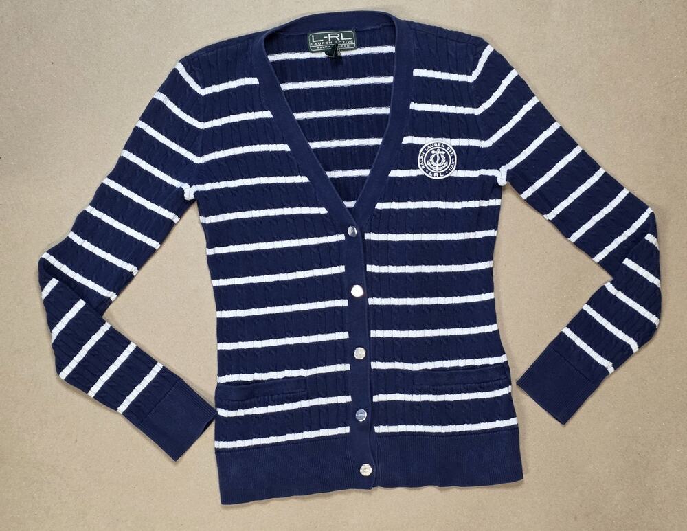 Lauren Ralph Lauren Cardigan XS Navy Striped Nautical Preppy Cable Knit Cotton
